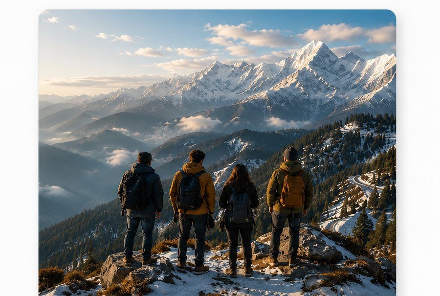 Friends overlooking Himalayan peaks at golden hour in Manali