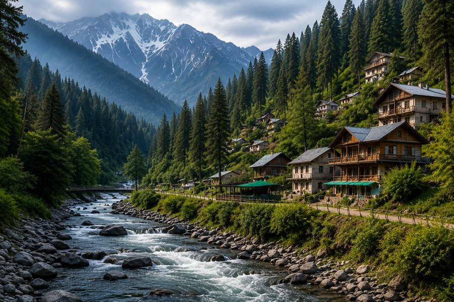 Wooden village houses beside a mountain river in Jibhi, Himachal