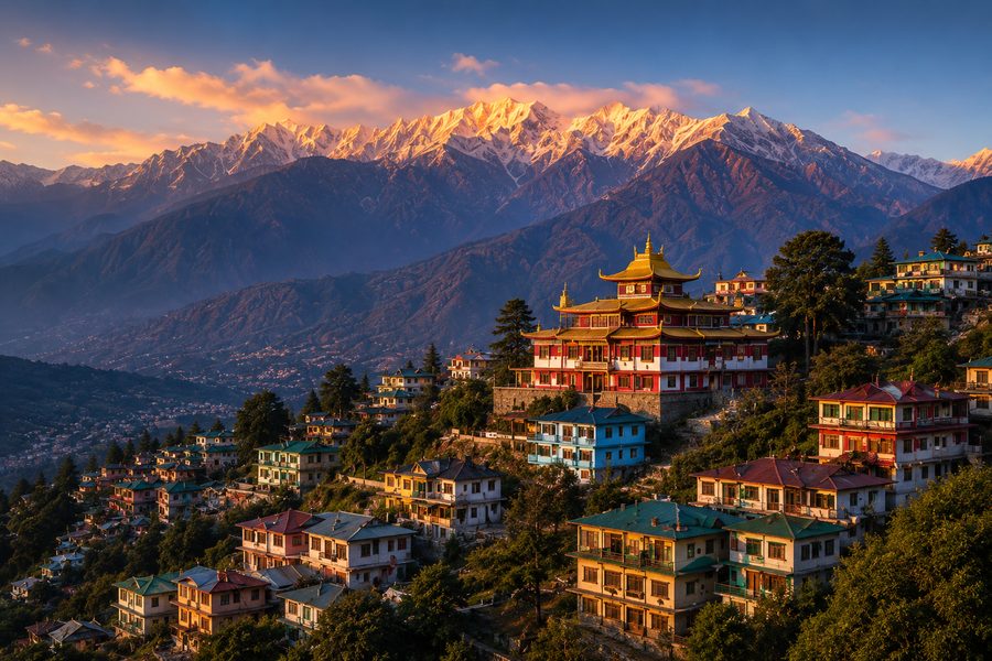 Monastery and Himalayan snow peaks at sunset in Dharamshala
