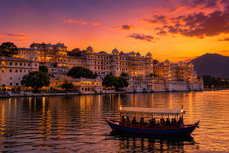 City Palace of Udaipur glowing at sunset over Lake Pichola